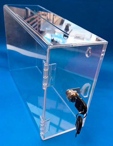 Buzón de acrílico transparente 4mm con chapa de seguridad y soporte para muro.