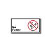 Señalética de No Fumar en acrílico blanco lechoso de 3mm con gráfica de prohibición - 20x10 y 30x15 cm.