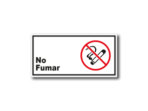 Señalética de No Fumar en acrílico blanco lechoso de 3mm con gráfica de prohibición - 20x10 y 30x15 cm.