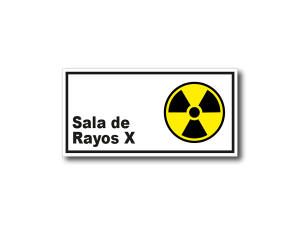 Señalética de Sala de Rayos X en acrílico blanco lechoso de 3mm con gráfica de advertencia - 20x10 y 30x15 cm.