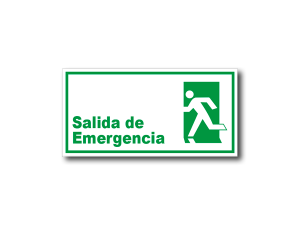 Señalética Salida de Emergencia Izquierda en acrílico blanco lechoso de 3mm con gráfica verde normativa - 20x10 y 30x15 cm.