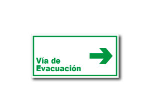 Señalética Vía de Evacuación Derecha en acrílico blanco lechoso de 3mm con gráfica verde normativa - 20x10 y 30x15 cm.