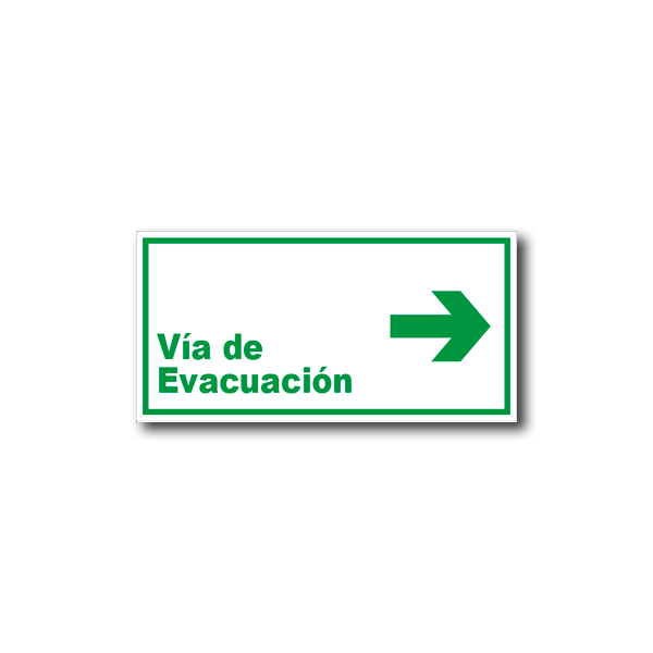 Señalética Vía de Evacuación Derecha en acrílico blanco lechoso de 3mm con gráfica verde normativa - 20x10 y 30x15 cm.