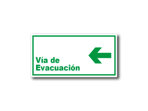 Señalética Vía de Evacuación Izquierda en acrílico blanco lechoso de 3mm con gráfica verde normativa - 20x10 y 30x15 cm.