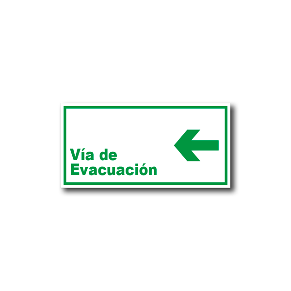Señalética Vía de Evacuación Izquierda en acrílico blanco lechoso de 3mm con gráfica verde normativa - 20x10 y 30x15 cm.