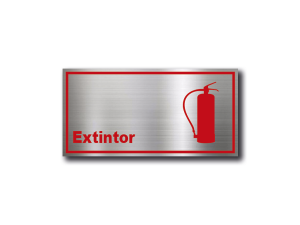 Señalética de Extintor en Gravoply (PLÁSTICO ABS) acabado acerado con gráfica roja - 20x10 y 30x15 cm.