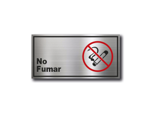 Señalética de No Fumar en Gravoply (PLÁSTICO ABS) acabado acerado con gráfica normativa - 20x10 y 30x15 cm.