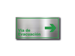 Vía de Evacuación Derecha en Gravoply (PLÁSTICO ABS) acabado acerado con gráfica verde - 20x10 y 30x15 cm.