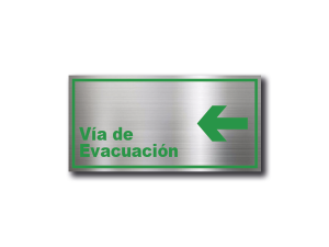 Señalética Vía de Evacuación Izquierda en Gravoply (PLÁSTICO ABS) acabado acerado con gráfica verde - 20x10 y 30x15 cm.