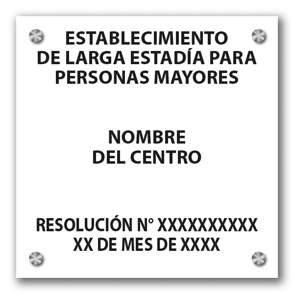 Letrero ELEAM en acrílico blanco de 5mm con gráfica normativa negra - 40x40 cm.