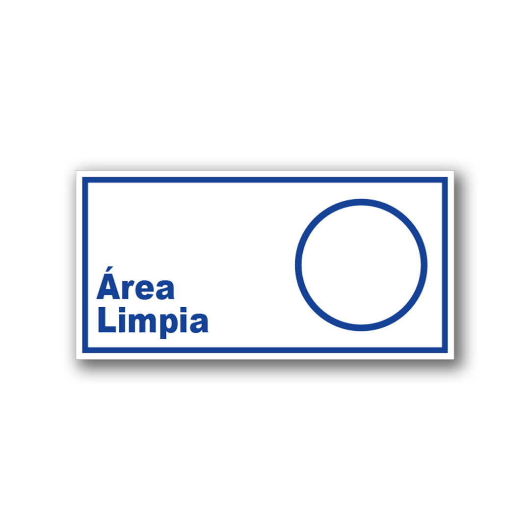 Señalética de Área Limpia en acrílico blanco con gráfica azul corporativa - Medidas 20x10 y 30x15 cm.