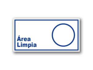 Señalética de Área Limpia en acrílico blanco con gráfica azul corporativa - Medidas 20x10 y 30x15 cm.