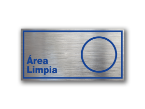 Señalética de Área Limpia en Gravoply (PLÁSTICO ABS) acabado acerado con gráfica azul - 20x10 y 30x15 cm.