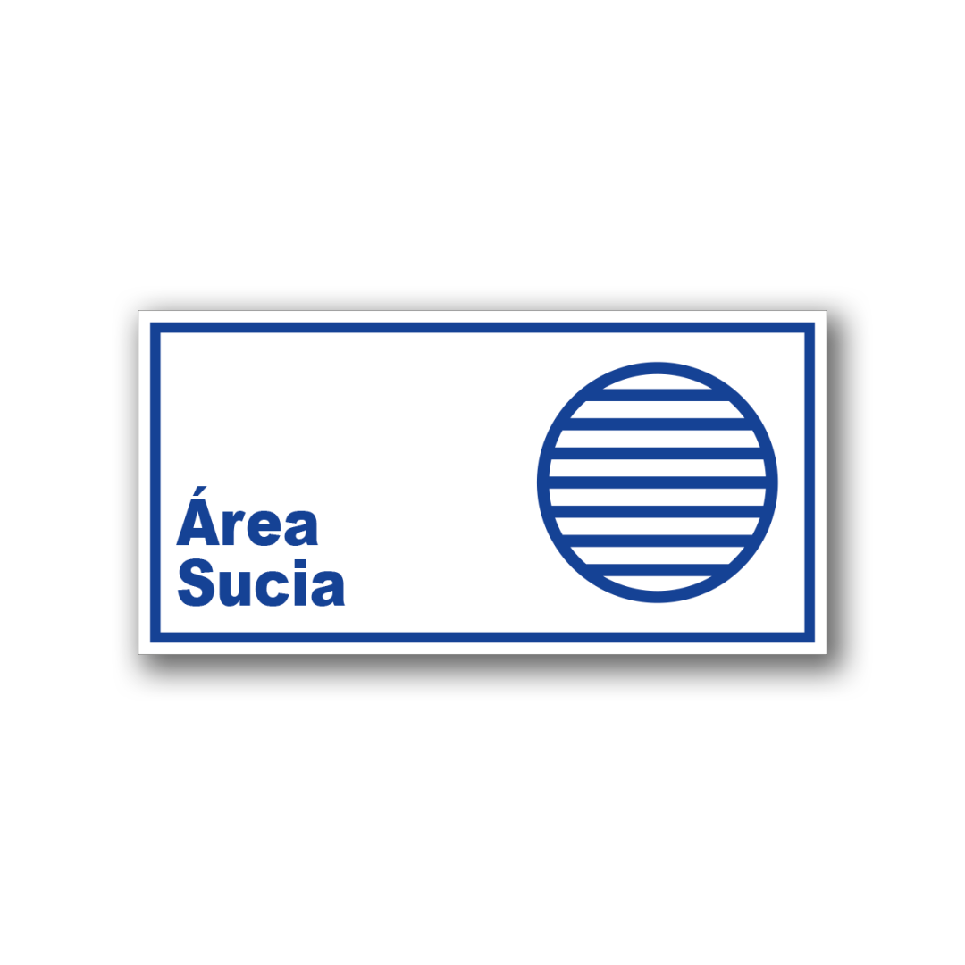 Señalética de Área Sucia en acrílico blanco con gráfica azul - Formatos 20x10 y 30x15 cm.