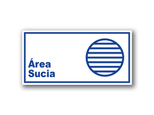 Señalética de Área Sucia en acrílico blanco con gráfica azul - Formatos 20x10 y 30x15 cm.