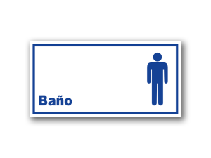 Señalética de Baño Varones en acrílico blanco con gráfica azul - Medidas 20x10 y 30x15 cm.