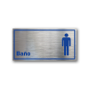 Señalética de Baño Varones en Gravoply terminación acerada con gráfica azul - Medidas 20x10 y 30x15 cm.