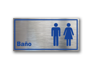 Señalética de Baño Mixto en Gravoply terminación acerada con gráfica azul - Medidas 20x10 y 30x15 cm.