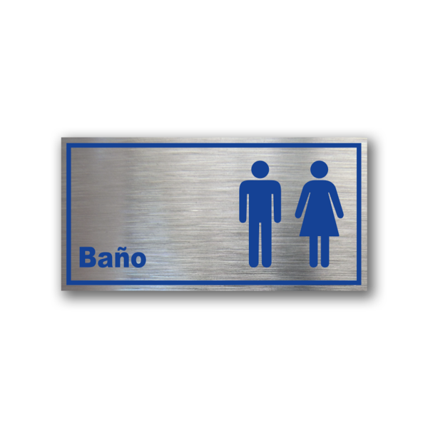 Señalética de Baño Mixto en Gravoply terminación acerada con gráfica azul - Medidas 20x10 y 30x15 cm.