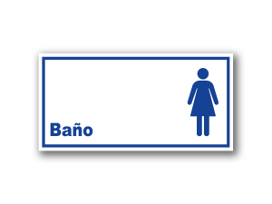 Señalética de Baño Mujeres en acrílico blanco con gráfica azul - Medidas 20x10 y 30x15 cm.