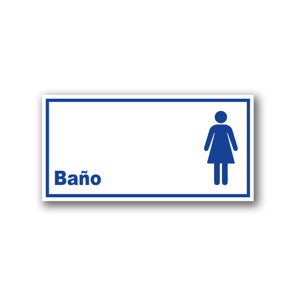 Señalética de Baño Mujeres en acrílico blanco con gráfica azul - Medidas 20x10 y 30x15 cm.