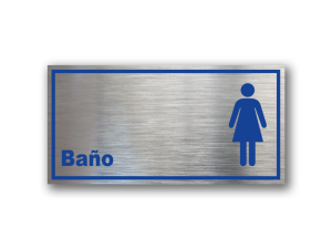 Señalética de Baño Mujeres en Gravoply terminación acerada con gráfica azul - Medidas 20x10 y 30x15 cm.