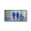 Señalética de Baño Universal en Gravoply terminación acerada con gráfica azul - Medidas 20x10 y 30x15 cm.