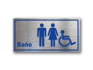 Señalética de Baño Universal en Gravoply terminación acerada con gráfica azul - Medidas 20x10 y 30x15 cm.