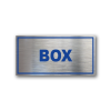 Señalética de Box en Gravoply terminación acerada con gráfica azul - Medidas 20x10 y 30x15 cm.