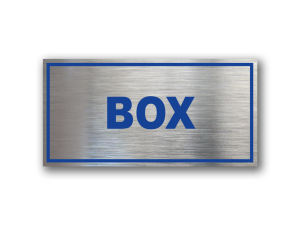 Señalética de Box en Gravoply terminación acerada con gráfica azul - Medidas 20x10 y 30x15 cm.