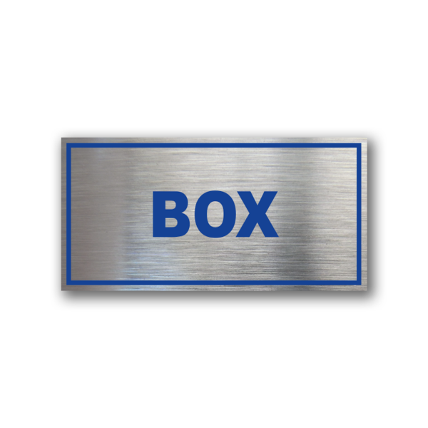Señalética de Box en Gravoply terminación acerada con gráfica azul - Medidas 20x10 y 30x15 cm.