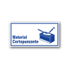Señalética Material Cortopunzante acrílico blanco con gráfica azul - Medidas 20x10 y 30x15 cm.