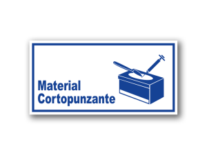 Señalética Material Cortopunzante acrílico blanco con gráfica azul - Medidas 20x10 y 30x15 cm.