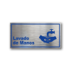 Señalética de Lavado de Manos en Gravoply terminación acerada con gráfica azul - Medidas 20x10 y 30x15 cm.