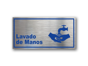 Señalética de Lavado de Manos en Gravoply terminación acerada con gráfica azul - Medidas 20x10 y 30x15 cm.