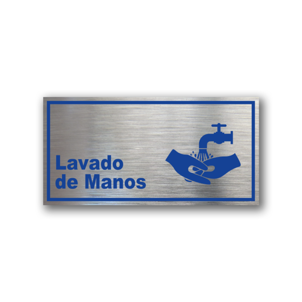 Señalética de Lavado de Manos en Gravoply terminación acerada con gráfica azul - Medidas 20x10 y 30x15 cm.