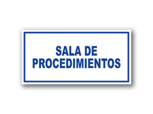 Señalética Sala de Procedimientos acrílico blanco con gráfica azul - 20x10 y 30x15 cm.