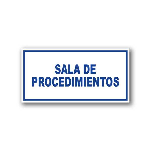 Señalética Sala de Procedimientos acrílico blanco con gráfica azul - 20x10 y 30x15 cm.