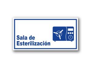 Señalética Sala de Esterilización acrílico blanco con gráfica azul - Medidas 20x10 y 30x15 cm.