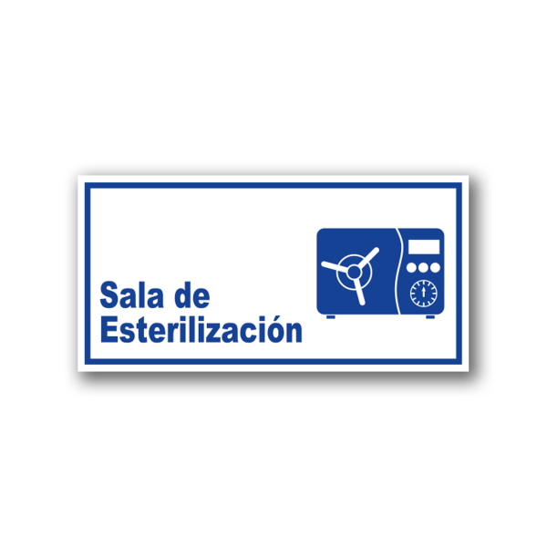 Señalética Sala de Esterilización acrílico blanco con gráfica azul - Medidas 20x10 y 30x15 cm.