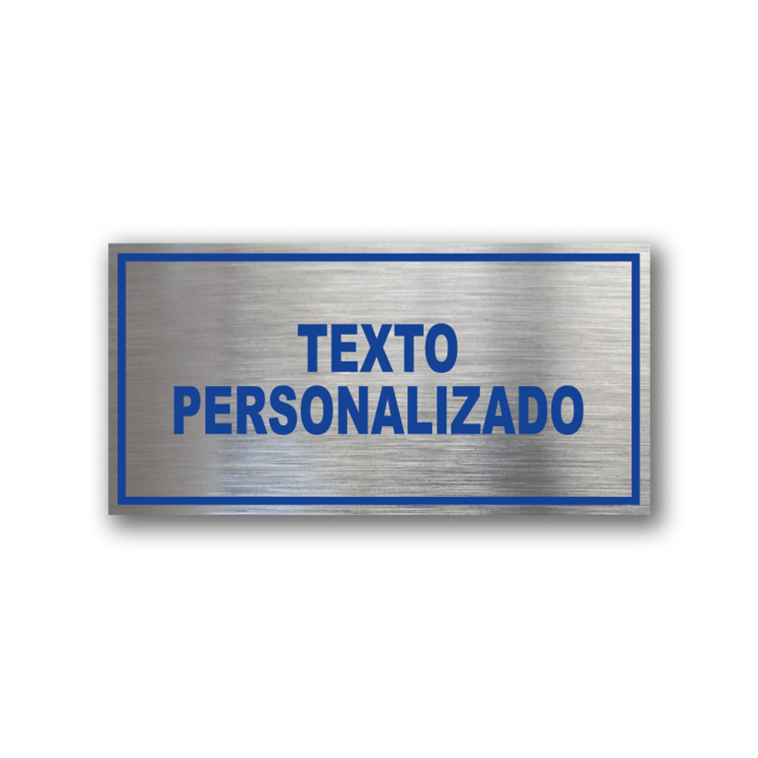 Señalética Personalizada en Gravoply ABS acabado acerado con gráfica azul - Medidas 20x10 y 30x15 cm.