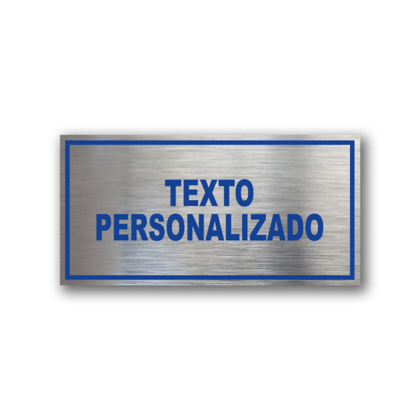 Señalética Personalizada en Gravoply ABS acabado acerado con gráfica azul - Medidas 20x10 y 30x15 cm.